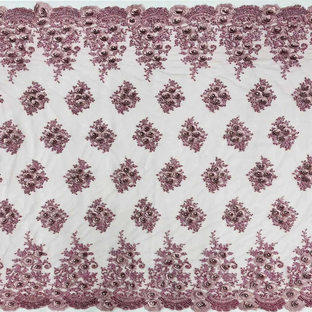 Pink Beaded & Rhinestone 3D Floral Lace Fabric Embroidered on 100% Polyester Net Mesh | Lace USA GD-14