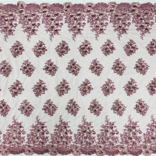 Pink Beaded & Rhinestone 3D Floral Lace Fabric Embroidered on 100% Polyester Net Mesh | Lace USA GD-14