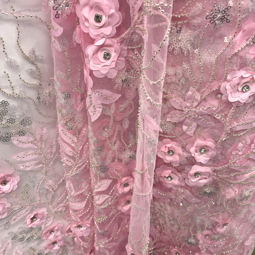 Pink Beaded  and sequined 3D Floral Lace Fabric Embroidered on 100% Polyester Net Mesh | Lace USA - GD-229