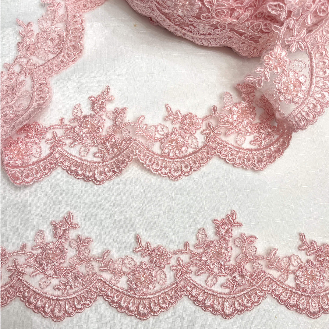 Pink beaded corded floral scalloped lace Trim embroidered on polyester net mesh - LaceUSA 96215WHB