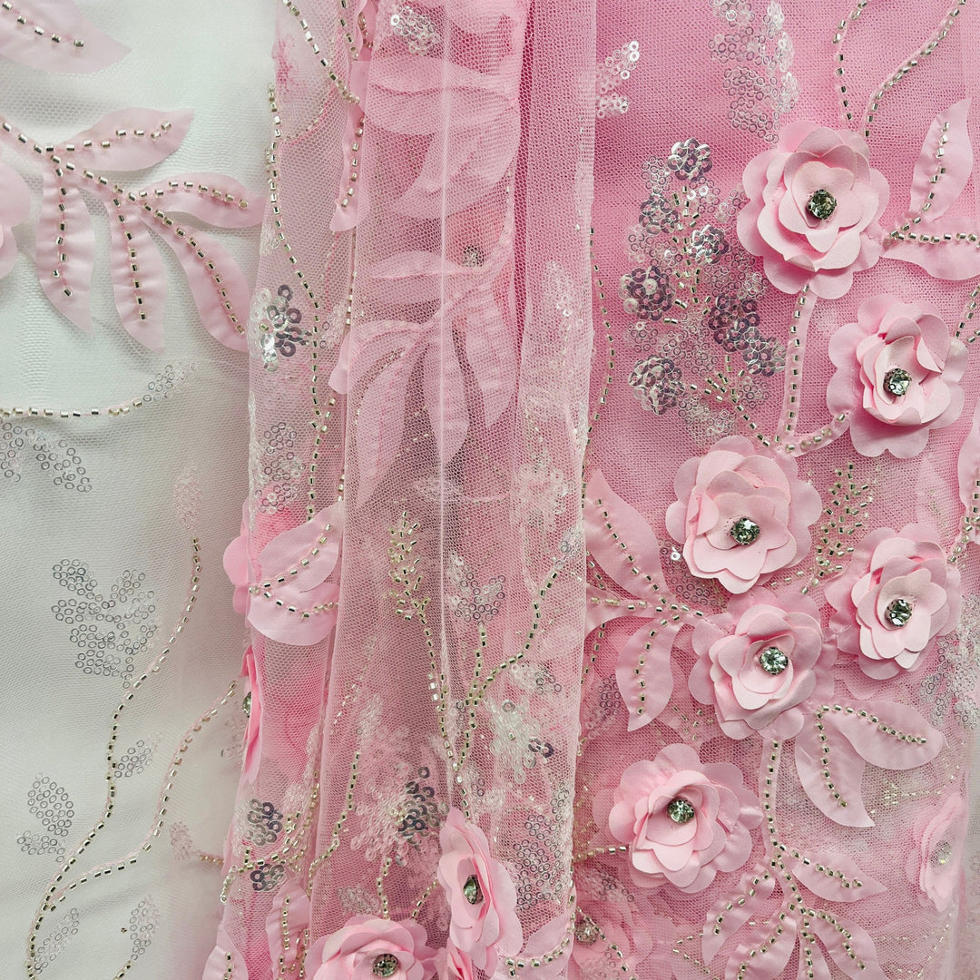Pink Sequined and Beaded 3D Floral Lace Fabric perfect for Quinceanera and dance dresses | Lace USA - GD-229