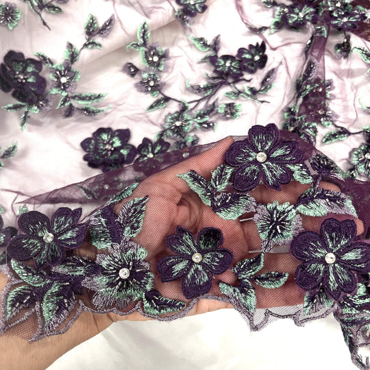  Closeup of Plum-Mint Beaded 3D Floral  Lace Embroidered on Net Msh - Lace USA GD1613