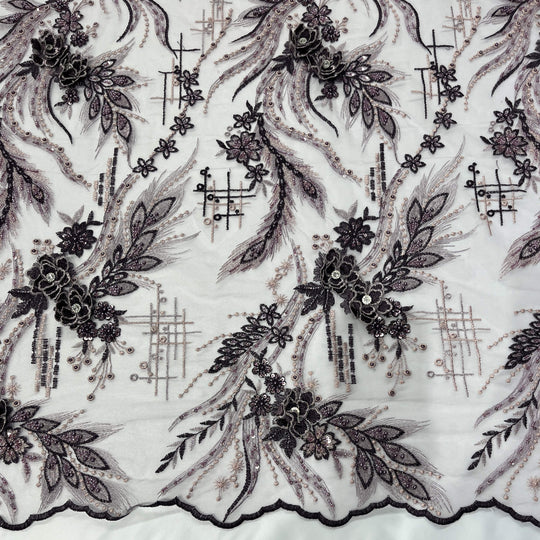 Beaded & Rhinestone 3D Floral Lace Fabric Embroidered on 100% Polyester Net Mesh | Lace USA - GD-2266