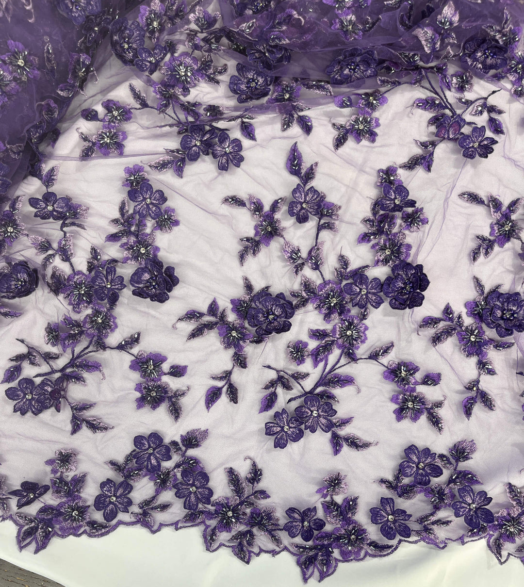 Purple Beaded 3D Floral Lace  embroidered on Net Mesh- LaceUSA GD1613