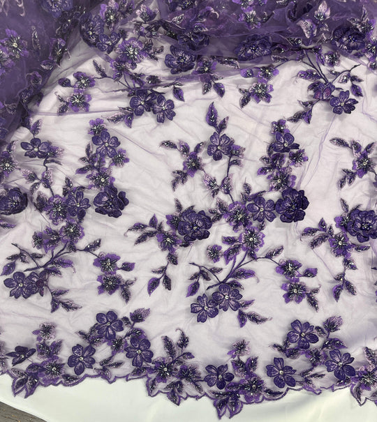 Purple Beaded 3D Floral Lace  embroidered on Net Mesh- LaceUSA GD1613