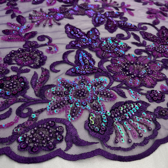 Beaded & Sequined Sparkling Lace Fabric Embroidered on 100% Polyester Net Mesh | Lace USA GD-2218