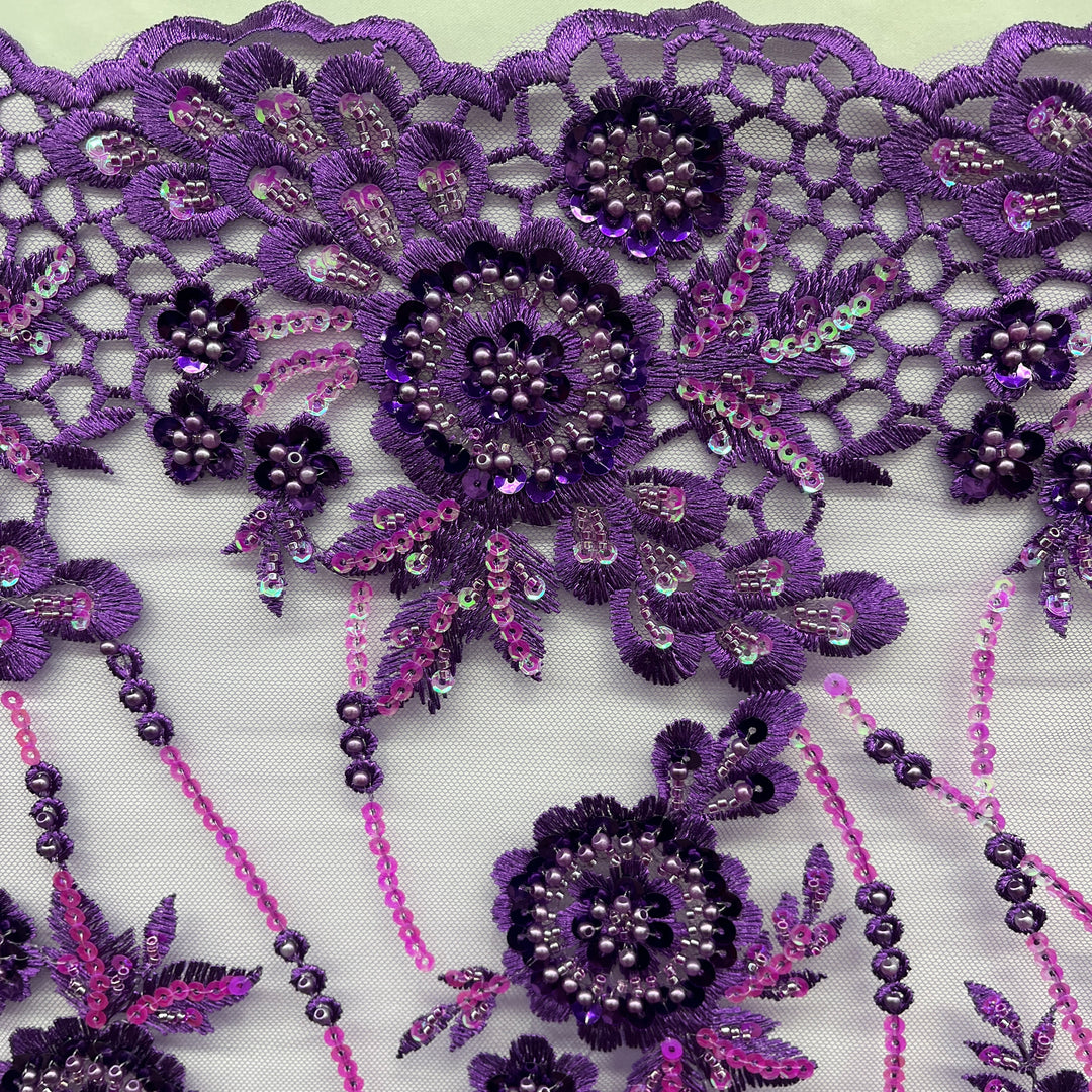 Close up of Edging of purple beaded Embroidered  lace for Quinceanera dresses and evening wear| Lace USA - GD-2219