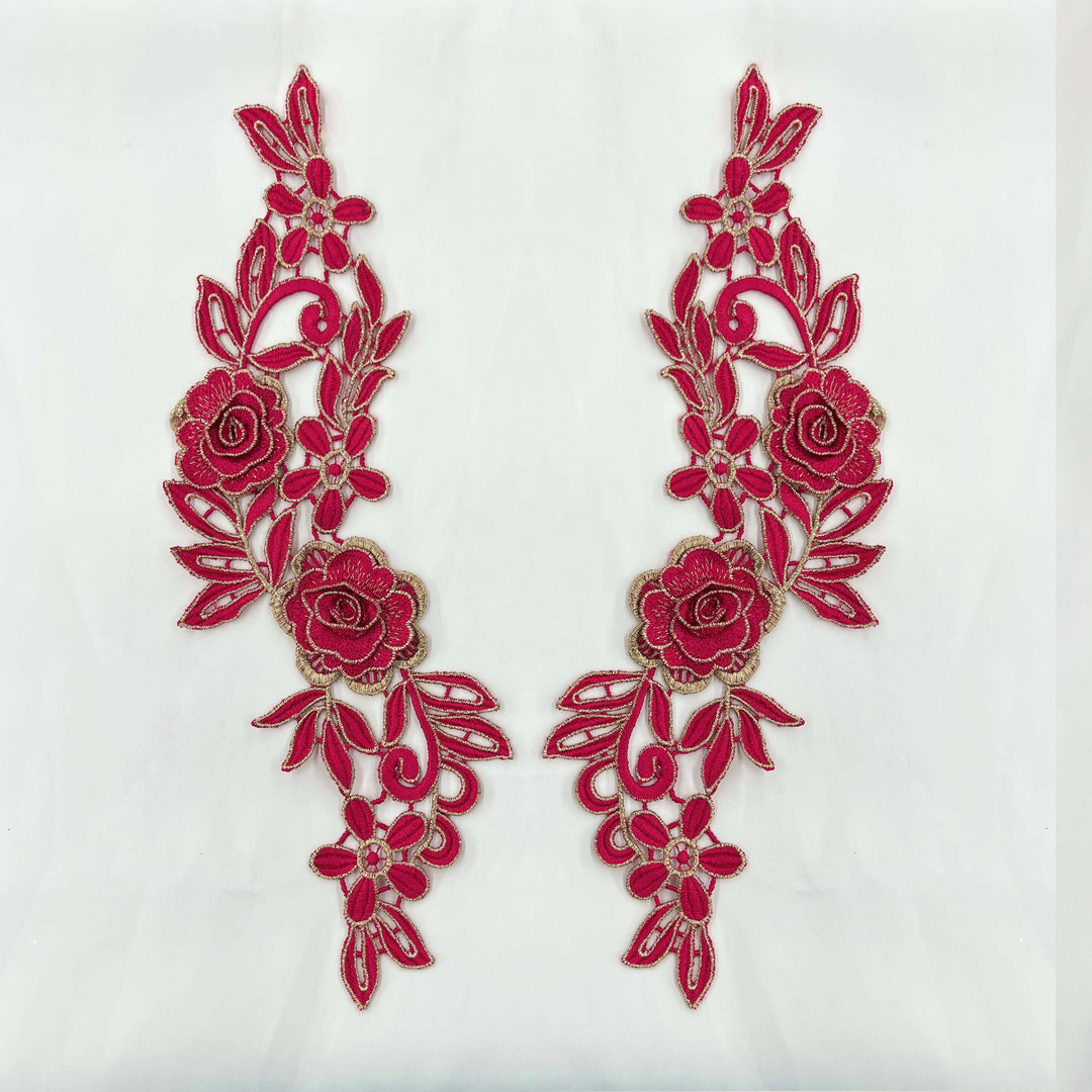 red 3D Floral Lace Applique Embelished with Gold threading| Lace USA - 55305