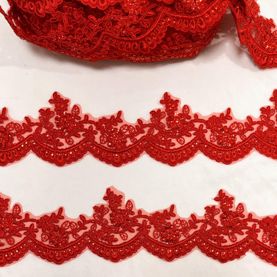 Adorno de encaje floral con cordón y cuentas bordado en malla de red 100 % poliéster | Encaje EE. UU.