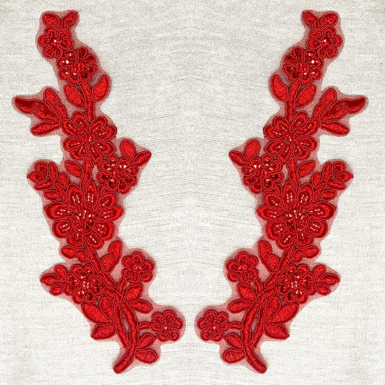 Pair of Red Beaded & Corded Floral Lace Applique Embroidered on 100% Polyester Net Mesh | Lace USA - 95919W-BP