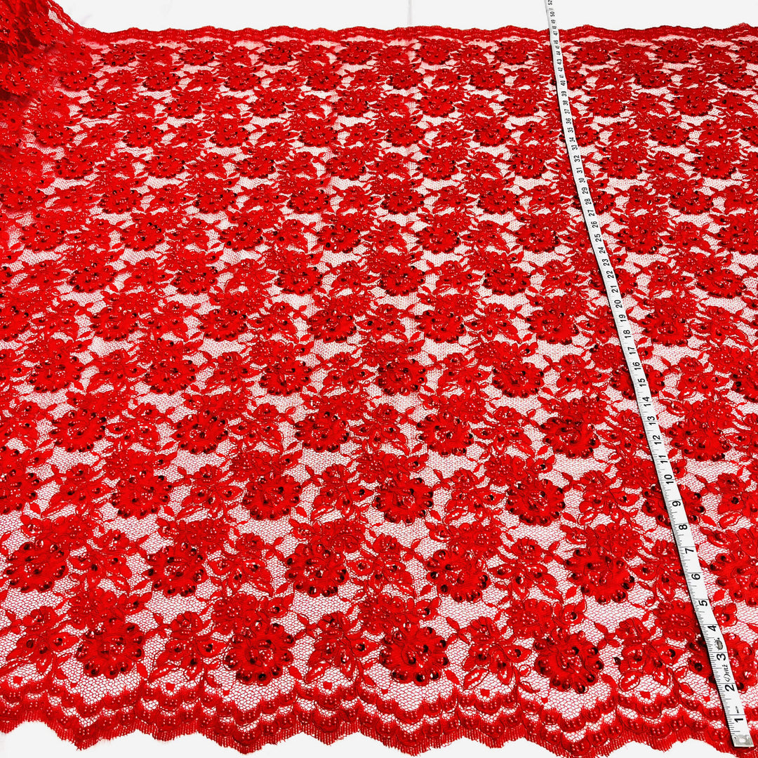 Red corded beaded floral lace fabric embroidered on polyester net mesh  – LaceUSA-96028W-BP