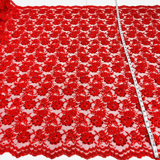 Red corded beaded floral lace fabric embroidered on polyester net mesh  – LaceUSA-96028W-BP