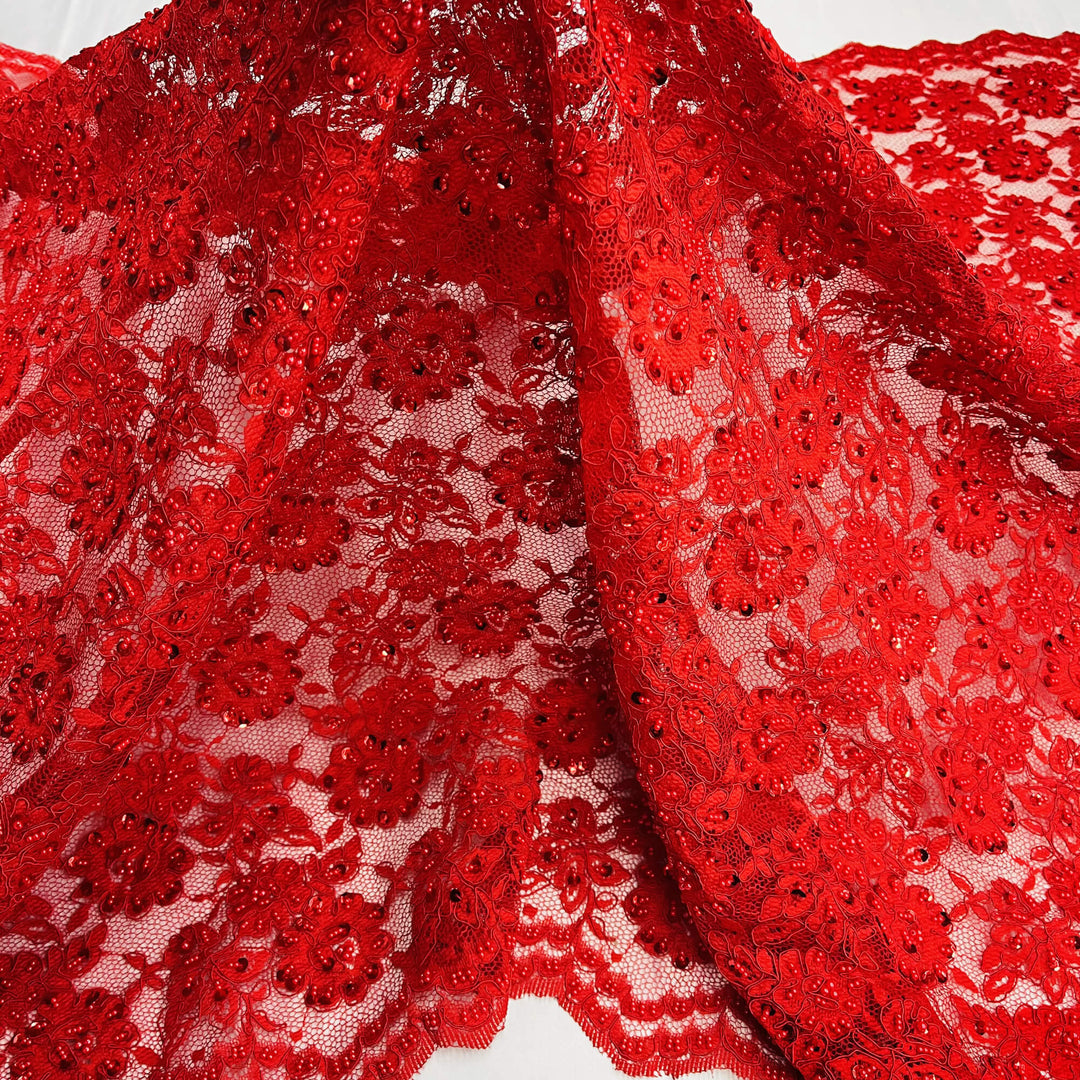 Red corded beaded floral lace fabric embroidered on polyester net mesh with scalloped edges – LaceUSA| 96028W-BP