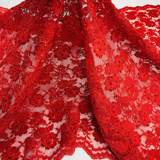 Red corded beaded floral lace fabric embroidered on polyester net mesh with scalloped edges – LaceUSA| 96028W-BP