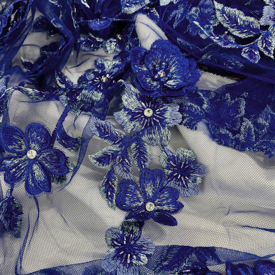 Closeup of Royal Blue  with silver threading, Beaded 3D  Floral Lace embroidered on net mesh LaceUSA GD1613 