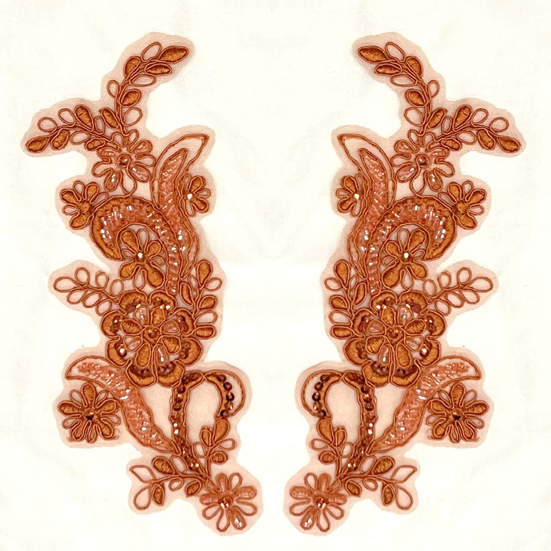 Rust Color Beaded & Corded Floral Lace Applique Embroidered on 100% Polyester Net Mesh | Lace USA - KZ-67HB
