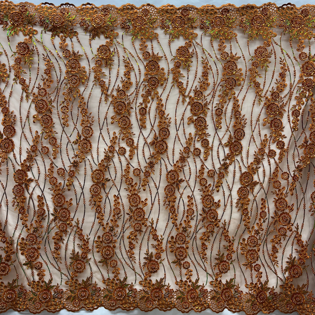 Fullview Rust  color Beaded and Sequined Floral Sparkling Lace Fabric Embroidered on 100% Polyester Net Mesh| Lace USA - GD-2219