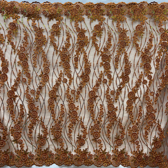 Fullview Rust  color Beaded and Sequined Floral Sparkling Lace Fabric Embroidered on 100% Polyester Net Mesh| Lace USA - GD-2219