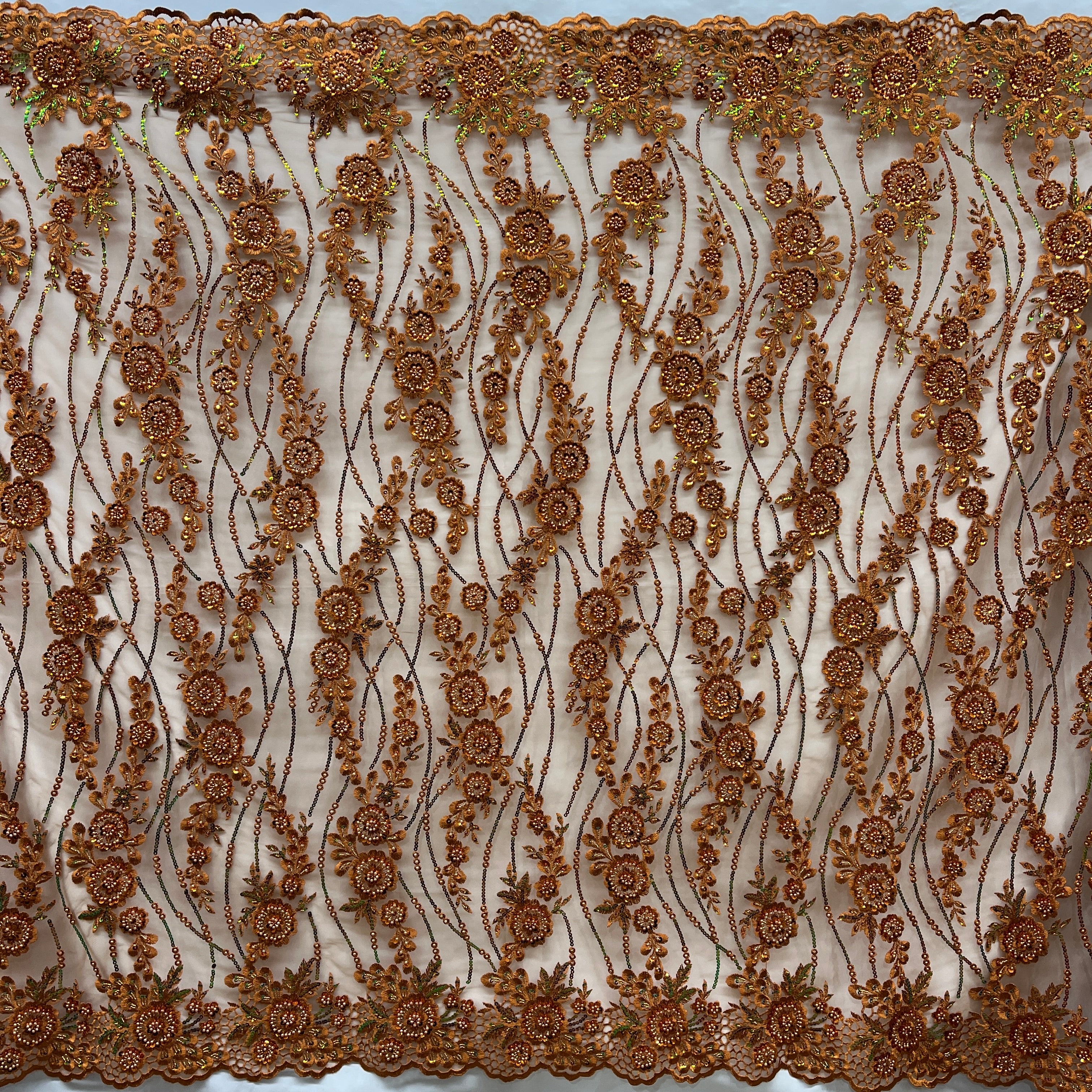 Fullview Rust  color Beaded and Sequined Floral Sparkling Lace Fabric Embroidered on 100% Polyester Net Mesh| Lace USA - GD-2219