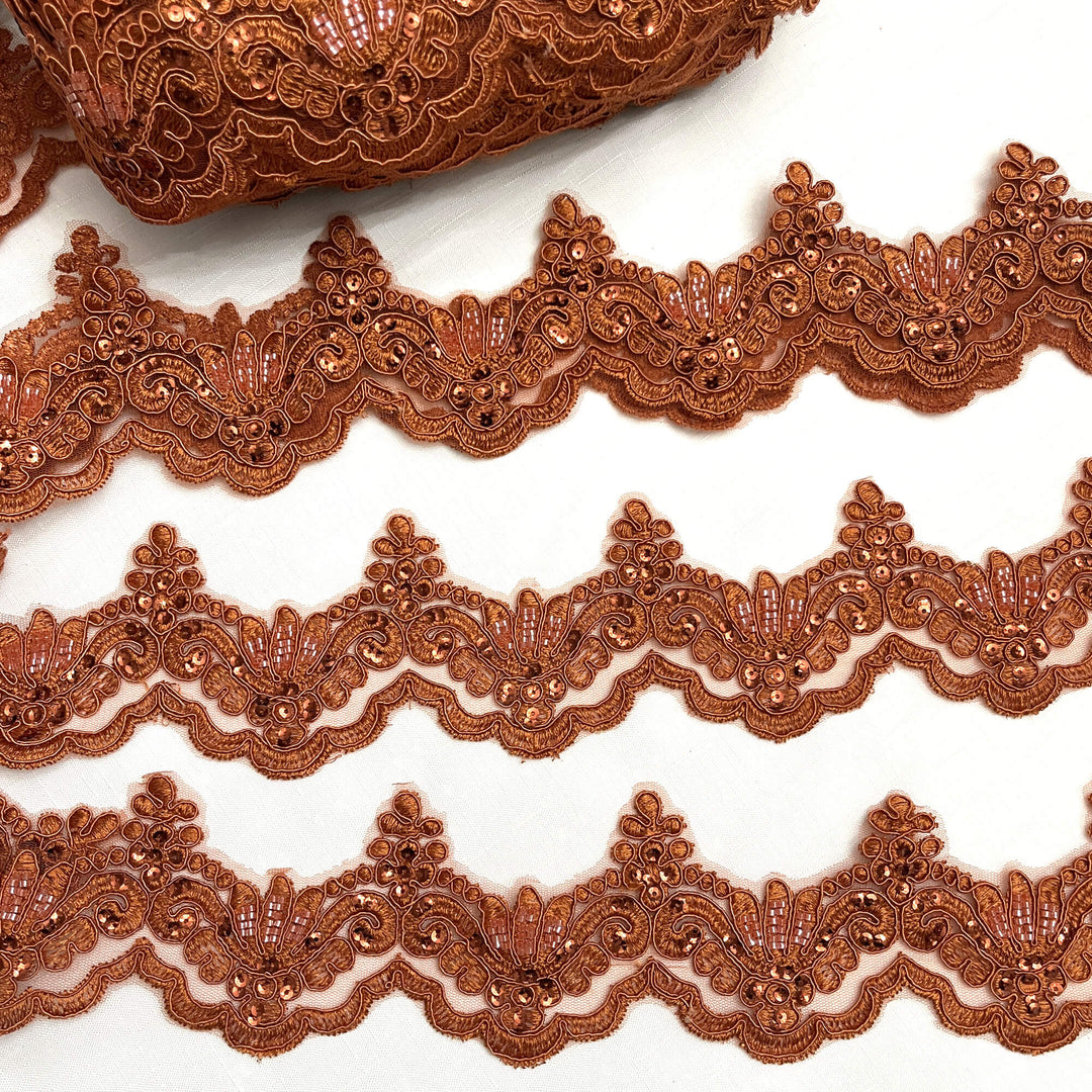 Beaded & Corded Lace Trimming Embroidered on 100% Polyester Net Mesh | Lace USA - KZ-34W-HB