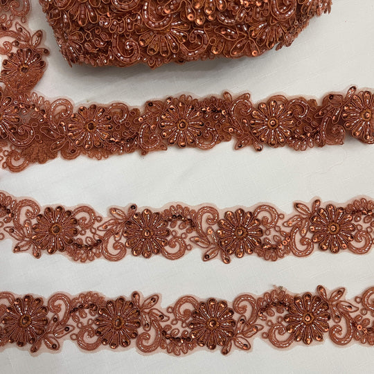 Ribete de encaje con cuentas y cordones bordado en malla de red 100% poliéster | Encaje EE.UU. - 96275W-BP