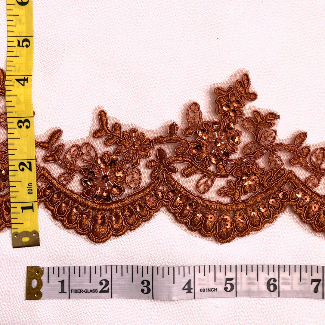 Rust Brown beaded corded floral scalloped lace Trim embroidered on net mesh, with a measuring tape for scale - LaceUSA 96215WHB 