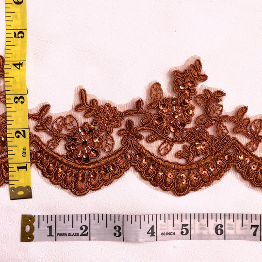 Rust Brown beaded corded floral scalloped lace Trim embroidered on net mesh, with a measuring tape for scale - LaceUSA 96215WHB 