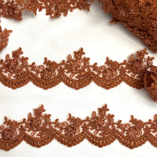 Rust beaded corded floral scalloped lace Trim embroidered on polyester net mesh - LaceUSA 96215WHB