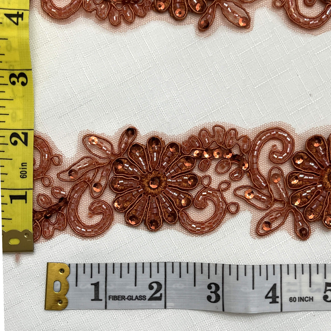 Ribete de encaje con cuentas y cordones bordado en malla de red 100% poliéster | Encaje EE.UU. - 96275W-BP