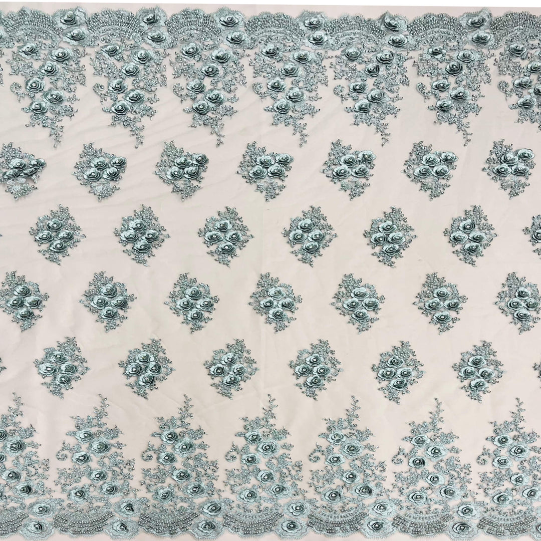 SIlverBeaded & Rhinestone 3D Floral Lace Fabric Embroidered on 100% Polyester Net Mesh | Lace USA GD-14