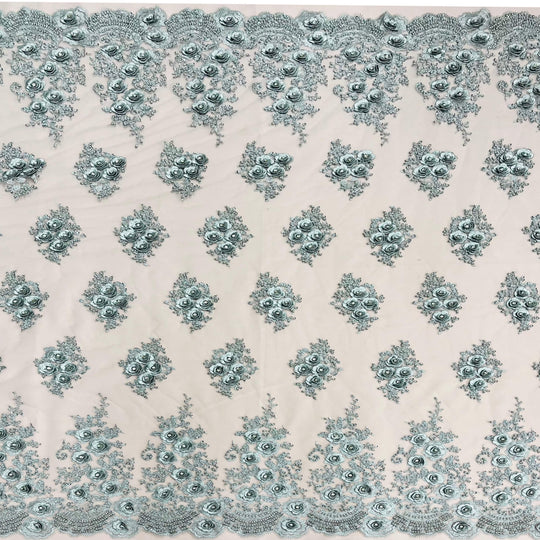 SIlverBeaded & Rhinestone 3D Floral Lace Fabric Embroidered on 100% Polyester Net Mesh | Lace USA GD-14