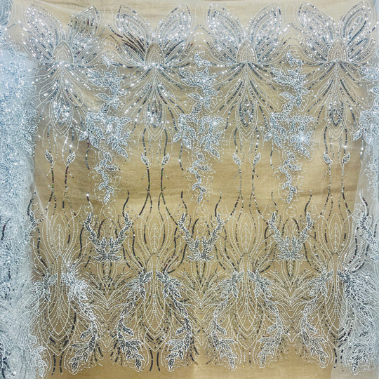 Silver beaded  and sequined lace fabric with leaf and vine design – great for formal gowns and dance costumes | Lace USA - GD-2918