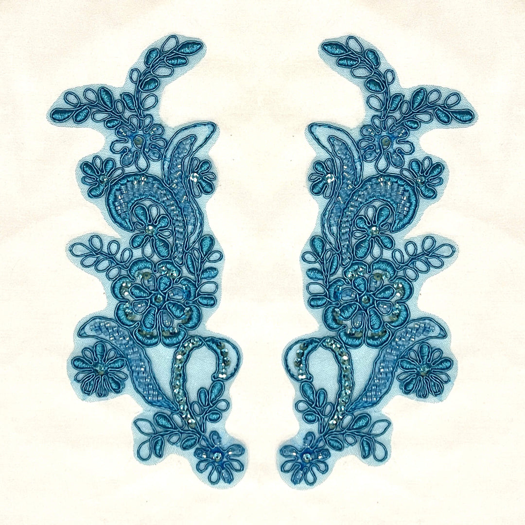 Teal Color Beaded & Corded Floral Lace Applique Embroidered on 100% Polyester Net Meshh | Lace USA - KZ-67HB