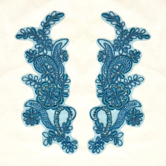 Teal Color Beaded & Corded Floral Lace Applique Embroidered on 100% Polyester Net Meshh | Lace USA - KZ-67HB