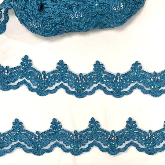 Beaded & Corded Lace Trimming Embroidered on 100% Polyester Net Mesh | Lace USA - KZ-34W-HB