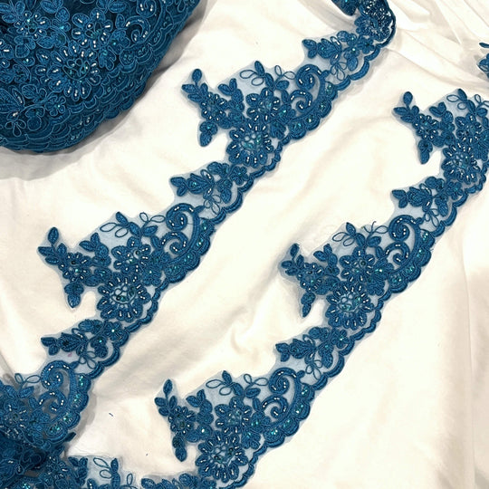 Beaded & Corded Lace Trimming Embroidered on 100% Polyester Net Mesh | Lace USA - 96796W-HB