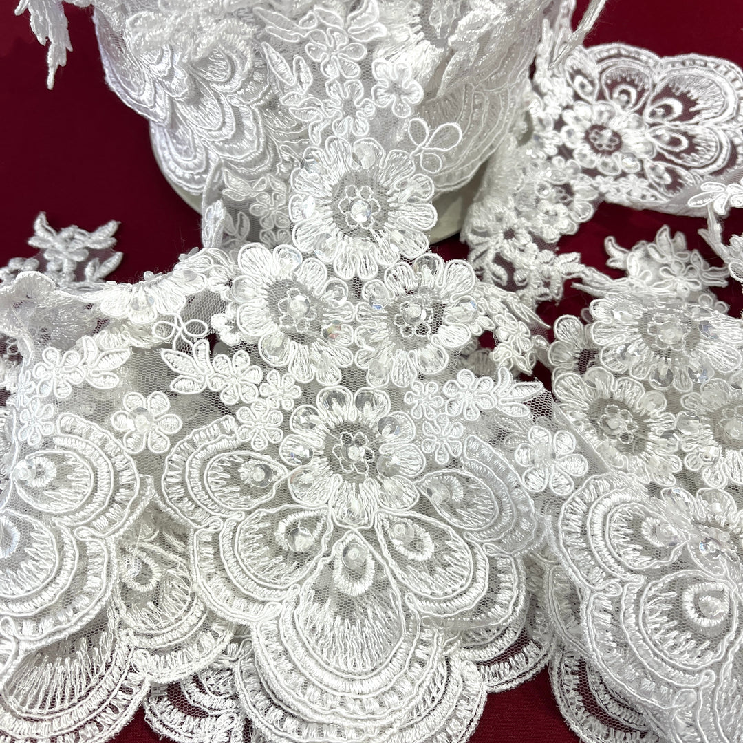 Beaded & Corded Lace Trimming Embroidered on 100% Polyester Net Mesh | Lace USA - 97015W-BP