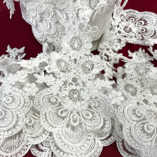 Beaded & Corded Lace Trimming Embroidered on 100% Polyester Net Mesh | Lace USA - 97015W-BP