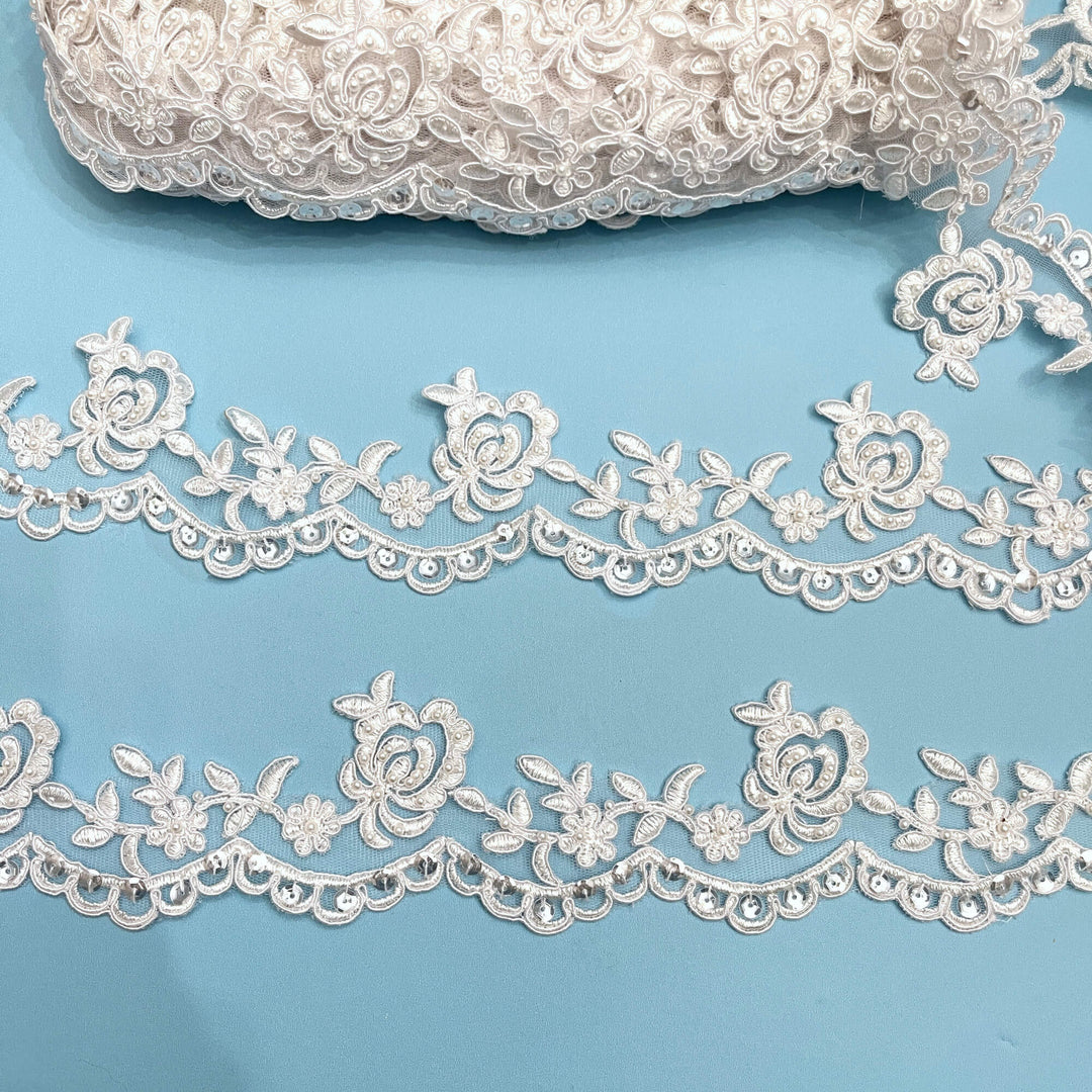 Beaded & Corded Lace Trimming Embroidered on 100% Polyester Net Mesh | Lace USA - 95941W/1-BP