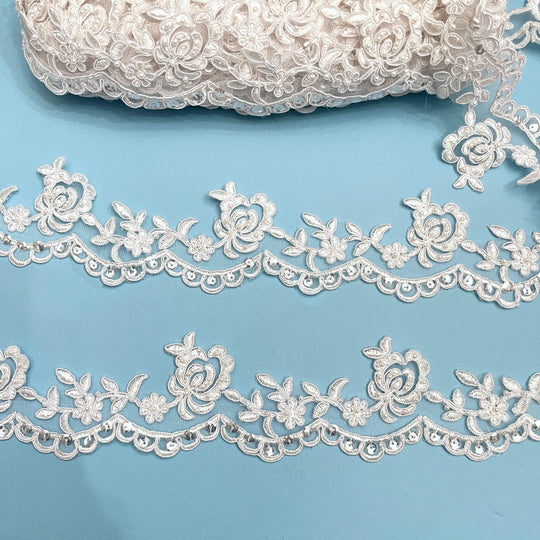 Beaded & Corded Lace Trimming Embroidered on 100% Polyester Net Mesh | Lace USA - 95941W/1-BP