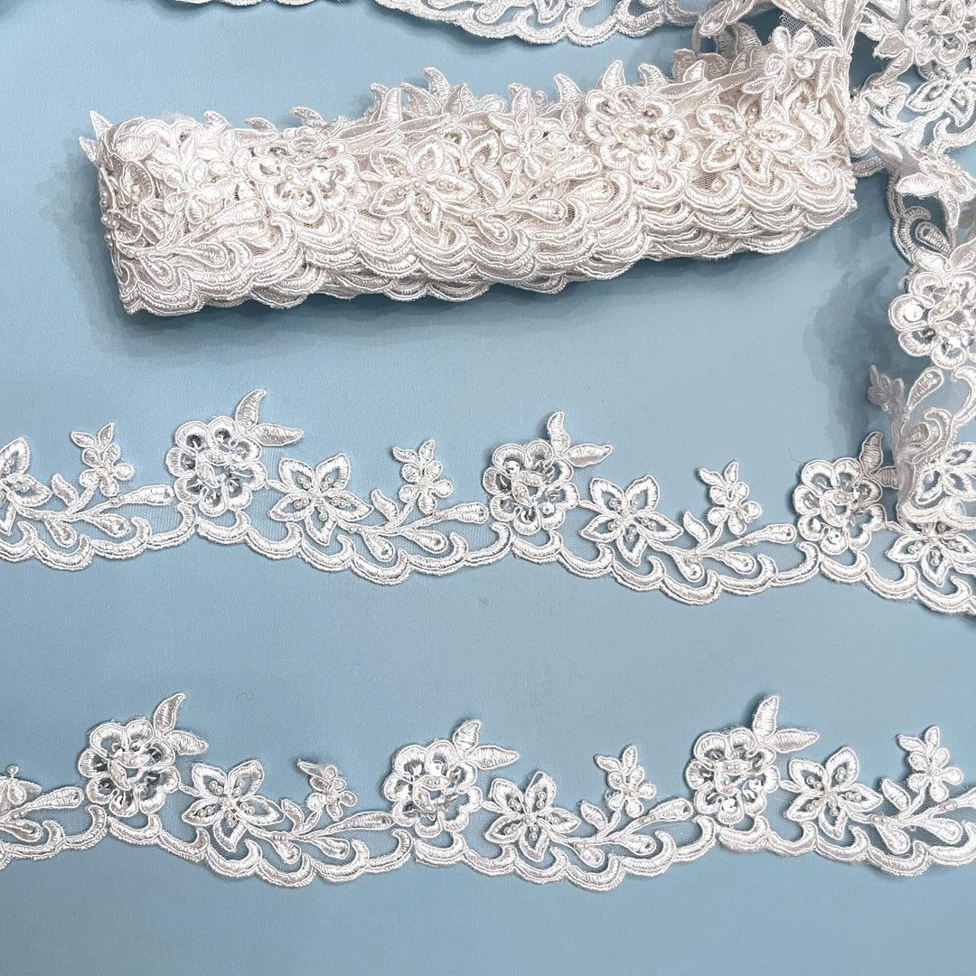Beaded & Corded Lace Trimming Embroidered on 100% Polyester Net Mesh | Lace USA - 95942W-BP