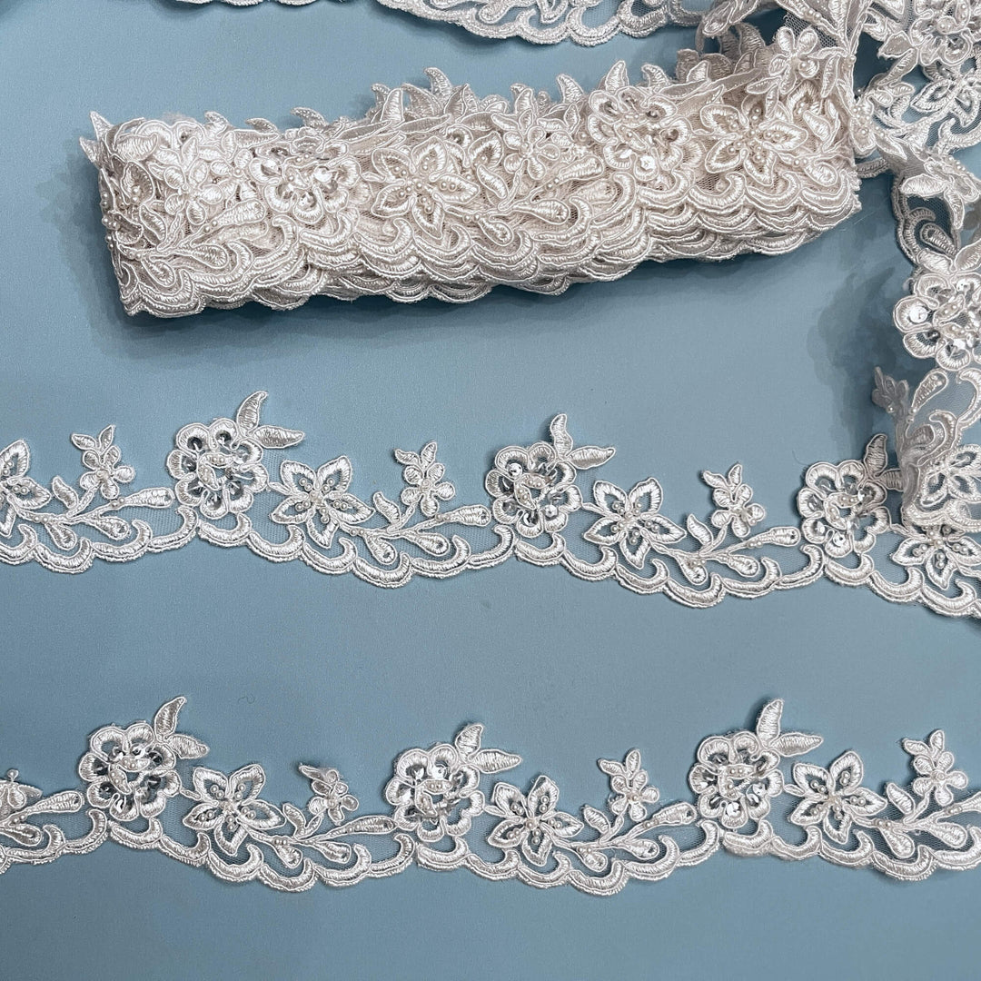 Beaded & Corded Lace Trimming Embroidered on 100% Polyester Net Mesh | Lace USA - 95942W-BP