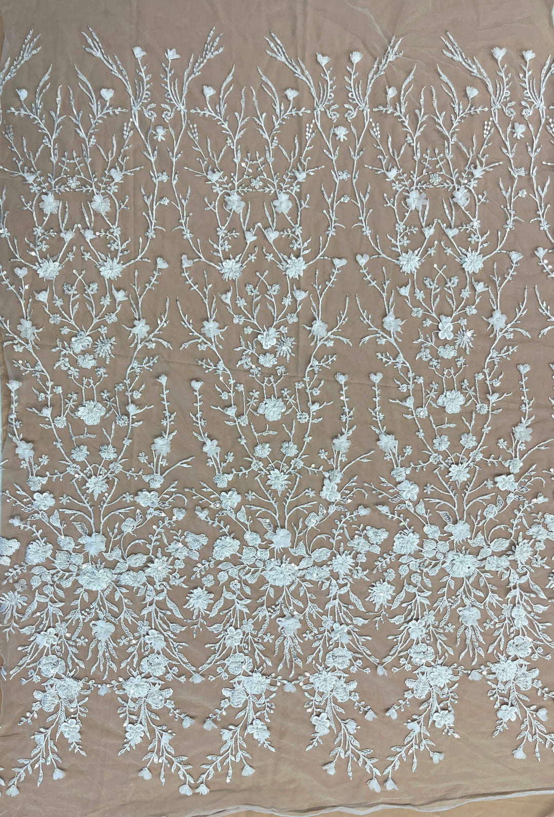 Full view White  Beaded 3D floral  Lace Embroidered on Net Mesh - LaceUSA Item GD3165 