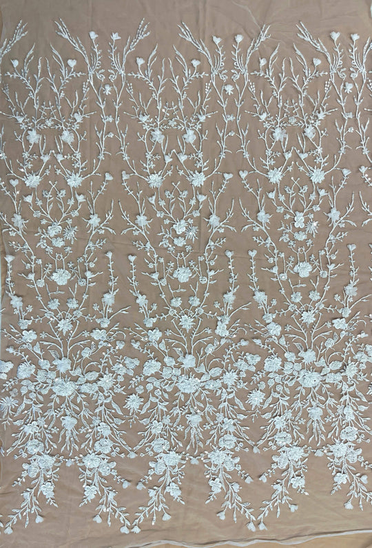 Full view White  Beaded 3D floral  Lace Embroidered on Net Mesh - LaceUSA Item GD3165 