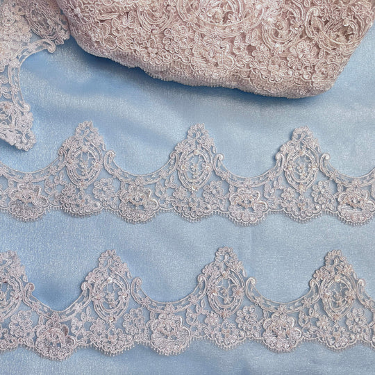 Beaded  white floral scalloped lace trim with corded thread detailing - LaceUSA-96926WBP