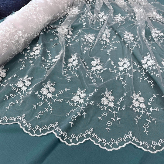 Floral Embroidered Lace Fabric with Scalloped Edges – Bridal, Baptism -Lace USA 30517W