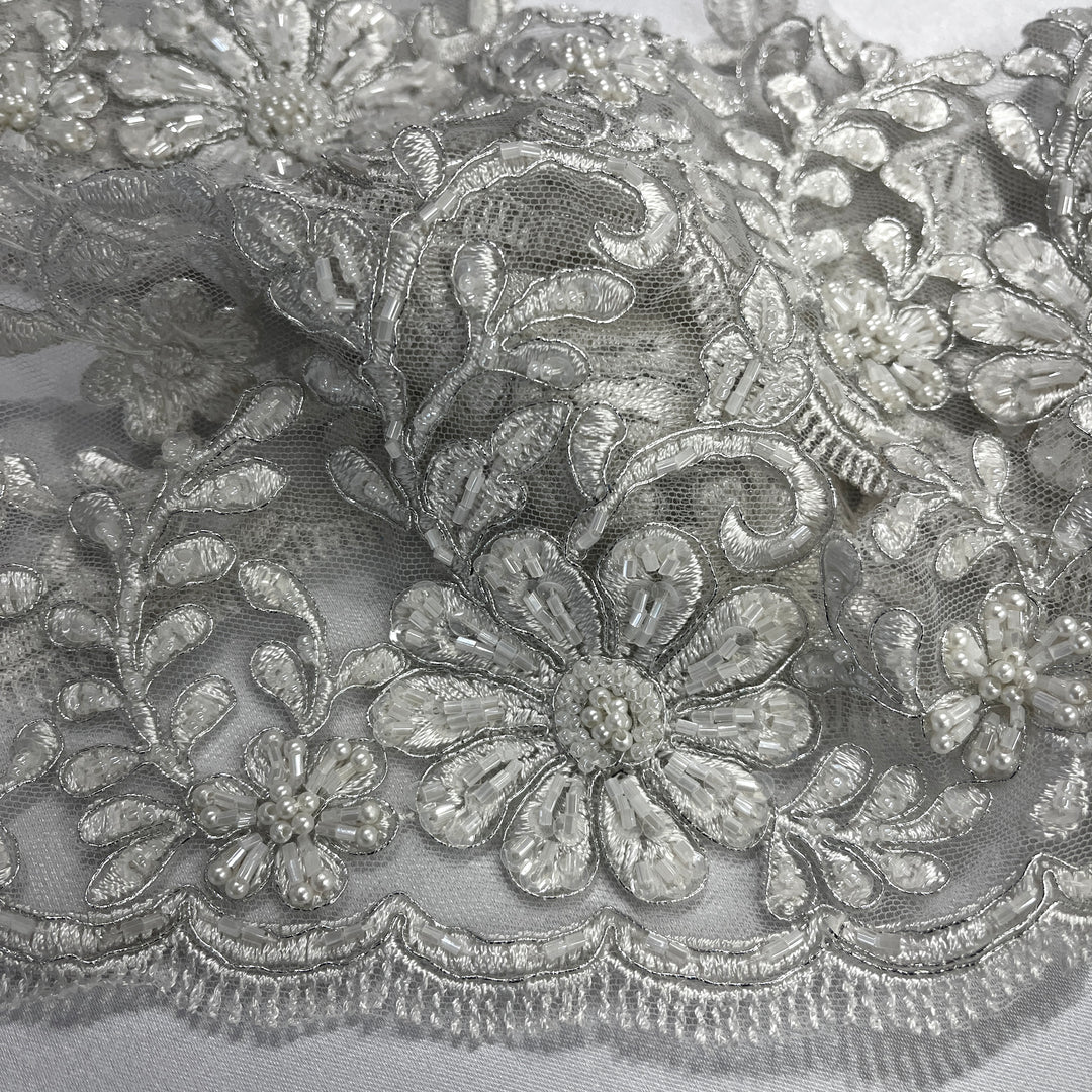 Beaded & Corded Lace Trimming Embroidered on 100% Polyester Net Mesh | Lace USA - 96428W-BP