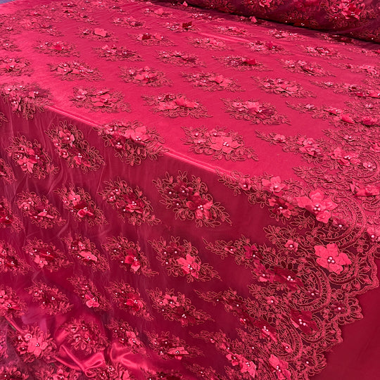 Beaded 3D Floral Lace Fabric Embroidered on 100% Polyester Net Mesh | Lace USA - GD-982