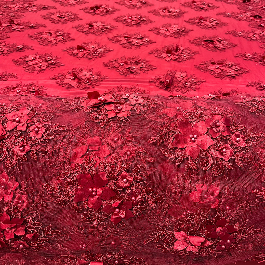 Beaded 3D Floral Lace Fabric Embroidered on 100% Polyester Net Mesh | Lace USA - GD-982