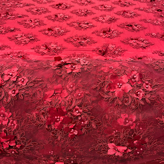 Beaded 3D Floral Lace Fabric Embroidered on 100% Polyester Net Mesh | Lace USA - GD-982